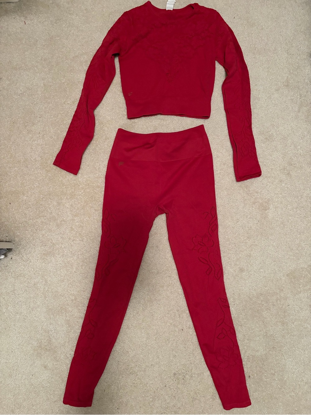 Fabletics Red Seamless High-Waist Leggings & Long-Sleeve Crop Top Set